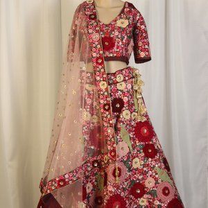 Red, Pink, Magenta Floral Wedding Gown Lehenga